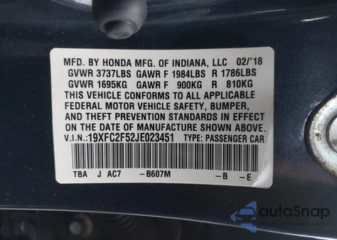 2018 Honda Civic Lx из США, поврежденный, VIN 19XFC2F52JE023451